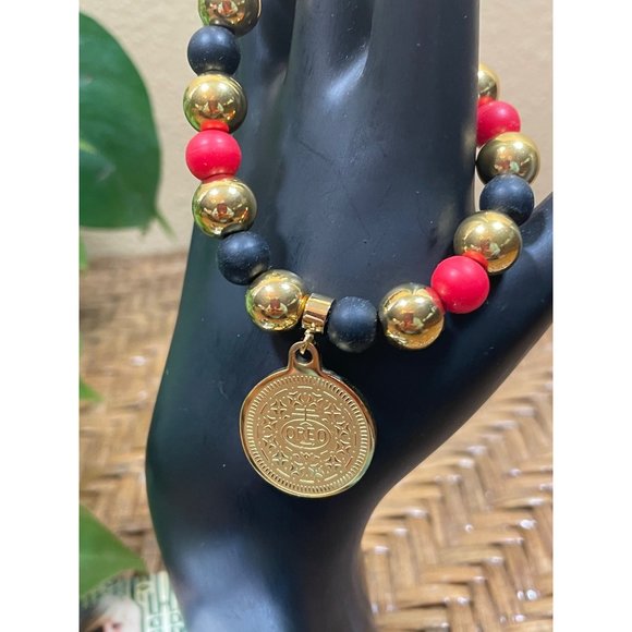 Rustic Cuff Black Red Gold Beaded Oreo Charm Bracelet - Picture 2 of 4